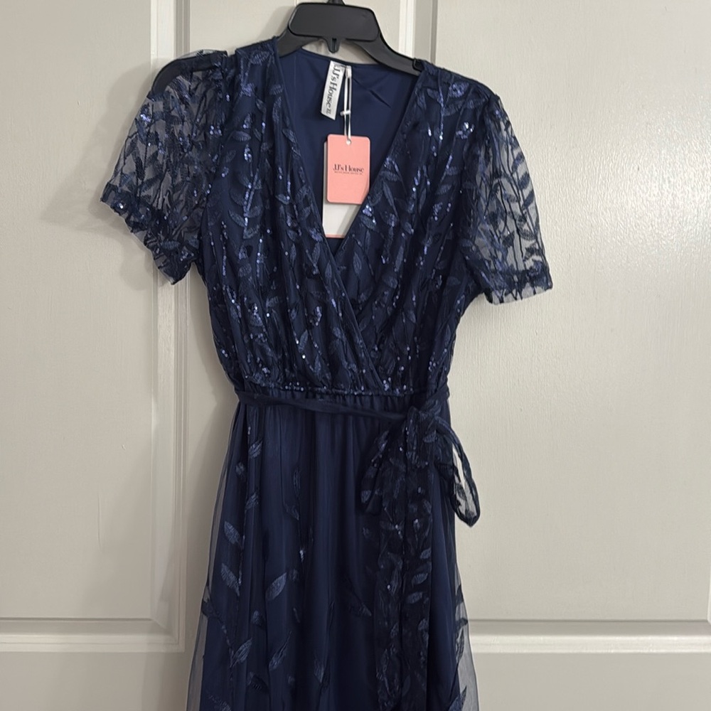 JJs House Navy Blue Midi Dress with Sheer Leaf Embroidery